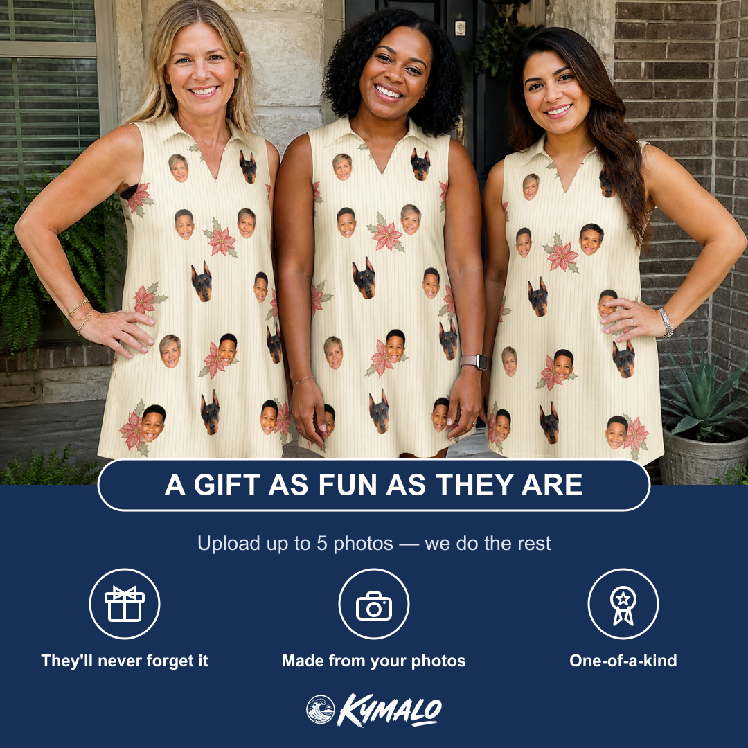 Friends in matching Women's Poinsettia Pop Custom Face V-Neck Dress — a group gift photo