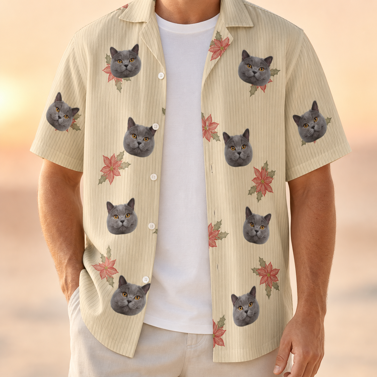 Man wearing Men's Poinsettia Pop Custom Cat Face Hawaiian Shirt open over a white tee