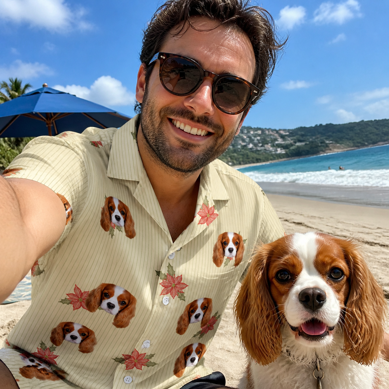 Selfie with the pet whose face is printed all over this Men's Poinsettia Pop Custom Dog Face Hawaiian Shirt