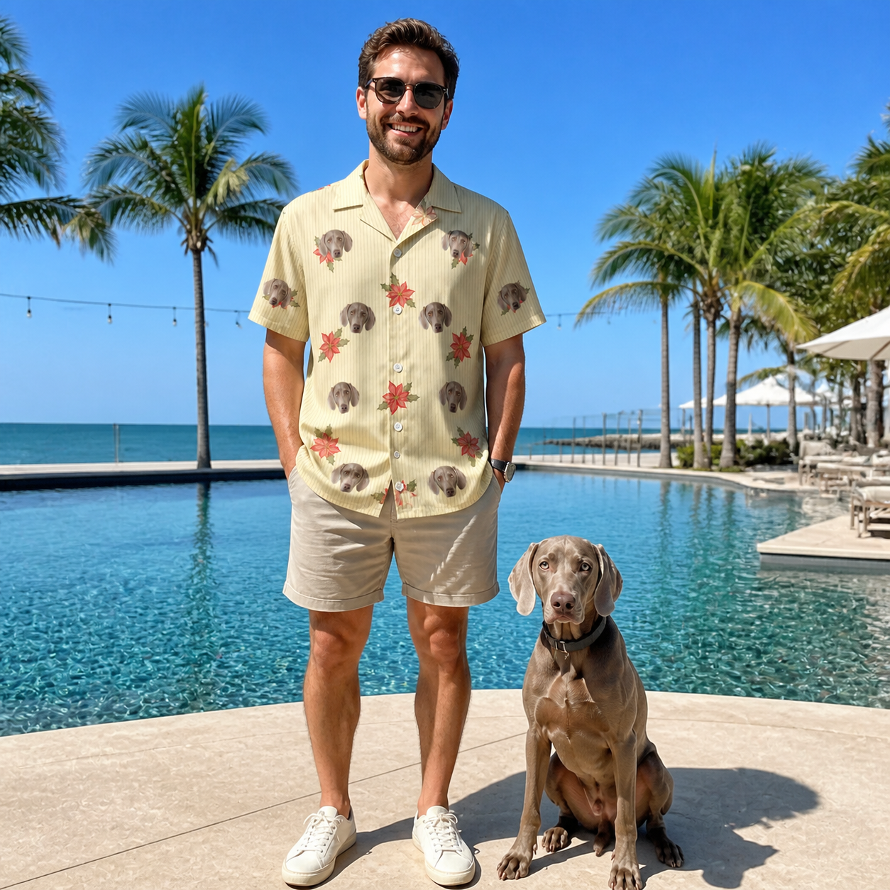 Full-length photo with the pet printed all over this Men's Poinsettia Pop Custom Dog Face Hawaiian Shirt