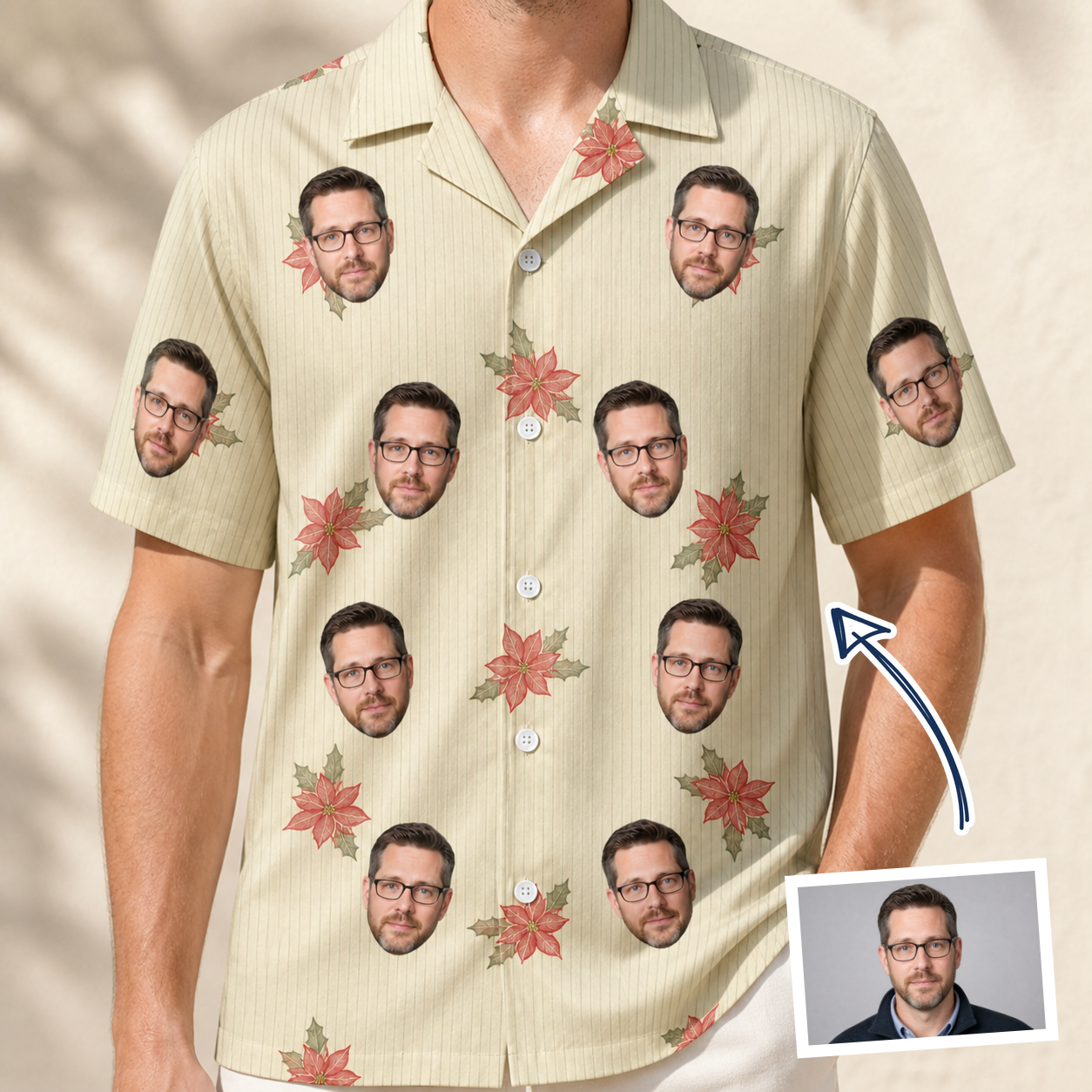 Man wearing Men's Poinsettia Pop Custom Face Hawaiian Shirt — custom faces printed all-over