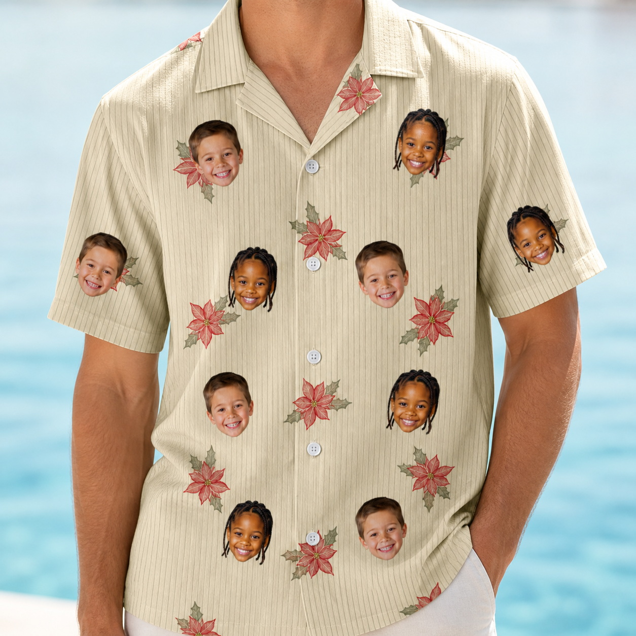 Model wearing Men's Poinsettia Pop Custom Face Hawaiian Shirt printed with kids' faces
