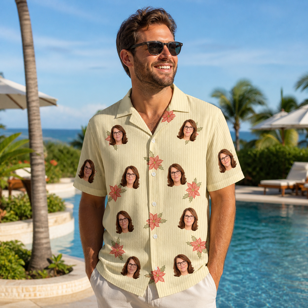 Real-life photo of someone wearing Men's Poinsettia Pop Custom Face Hawaiian Shirt — custom faces printed all-over