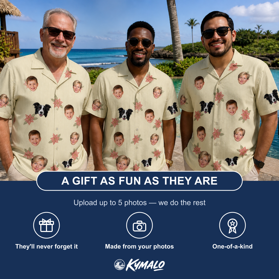 Friends in matching Men's Poinsettia Pop Custom Face Hawaiian Shirt — a group gift photo