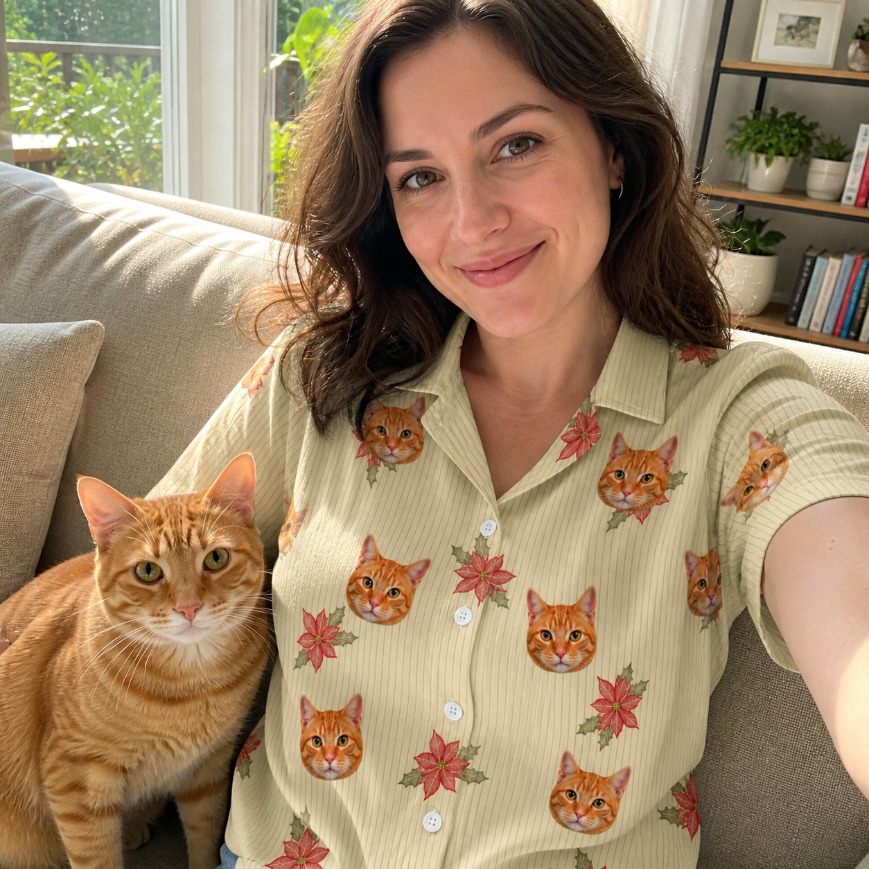 Selfie with the pet whose face is printed all over this Women's Poinsettia Pop Custom Cat Face Hawaiian Shirt