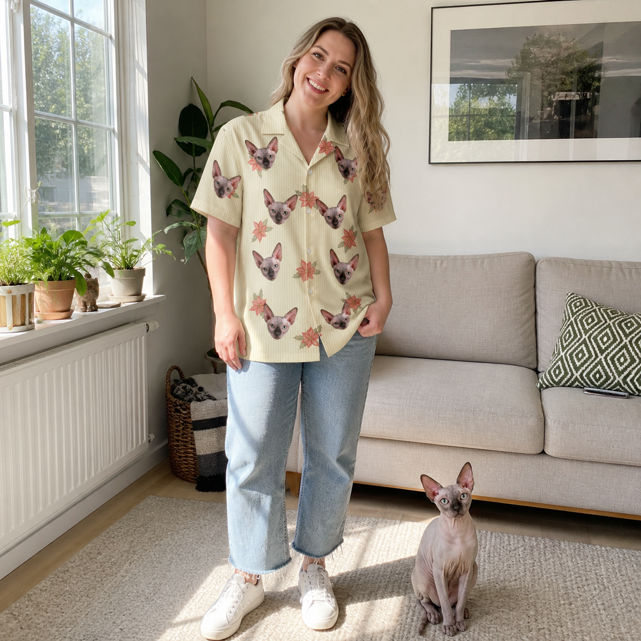 Full-length photo with the pet printed all over this Women's Poinsettia Pop Custom Cat Face Hawaiian Shirt