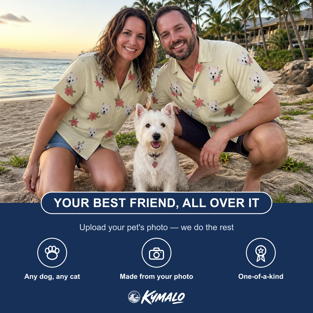 Friends in matching Women's Poinsettia Pop Custom Dog Face Hawaiian Shirt — a group gift photo
