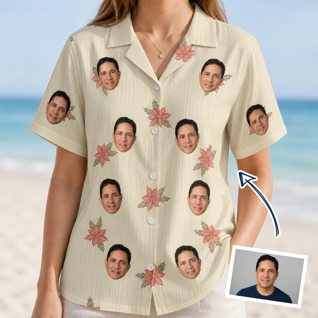 Woman wearing Women's Poinsettia Pop Custom Face Hawaiian Shirt — custom faces printed all-over