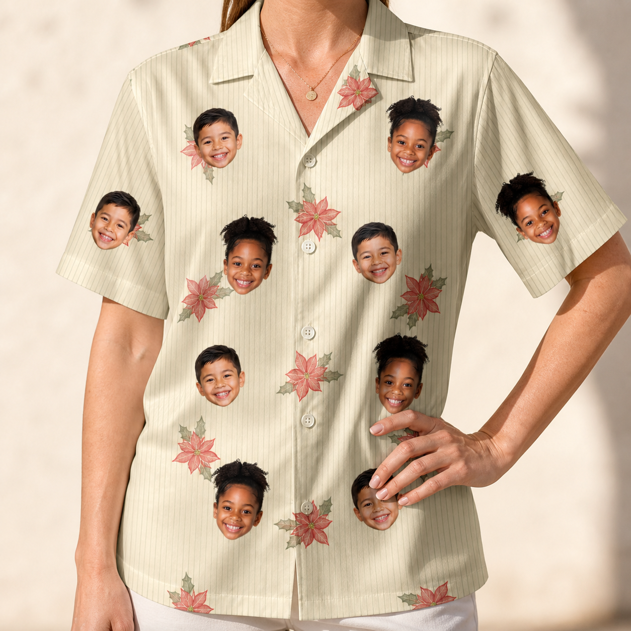 Model wearing Women's Poinsettia Pop Custom Face Hawaiian Shirt printed with kids' faces