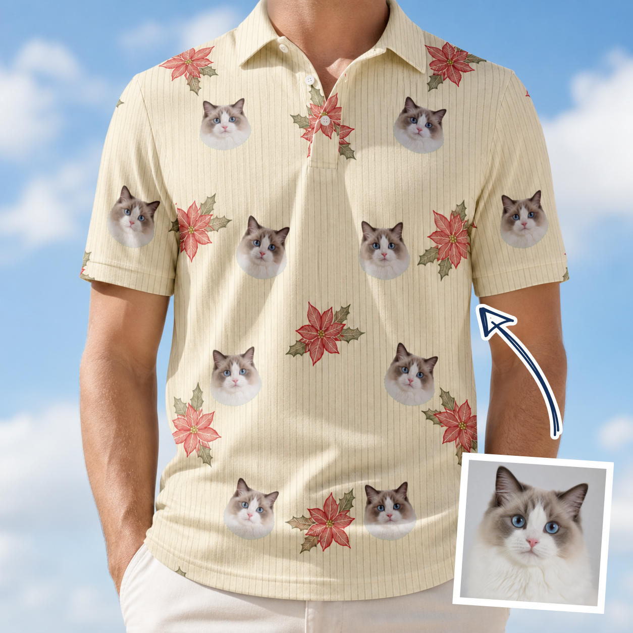 Man wearing Men's Poinsettia Pop Custom Cat Face Polo Shirt — custom faces printed all-over