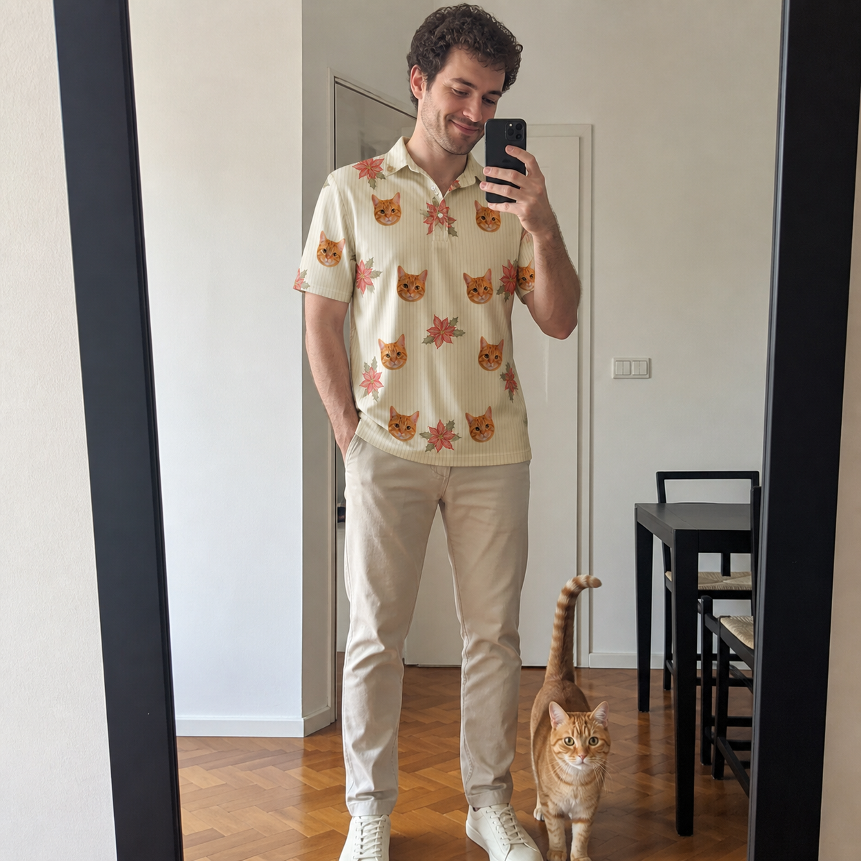 Full-length photo with the pet printed all over this Men's Poinsettia Pop Custom Cat Face Polo Shirt