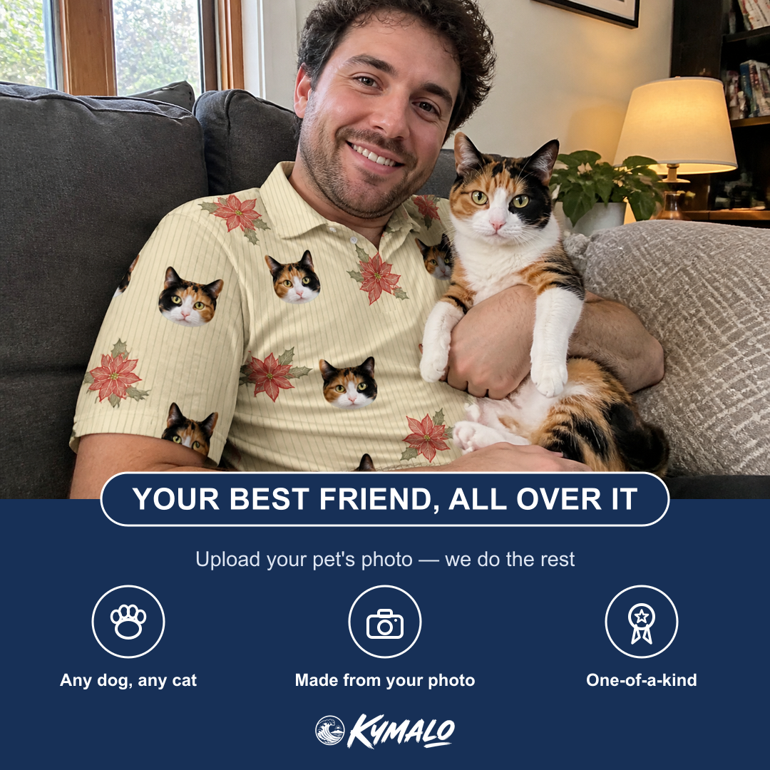 Friends in matching Men's Poinsettia Pop Custom Cat Face Polo Shirt — a group gift photo