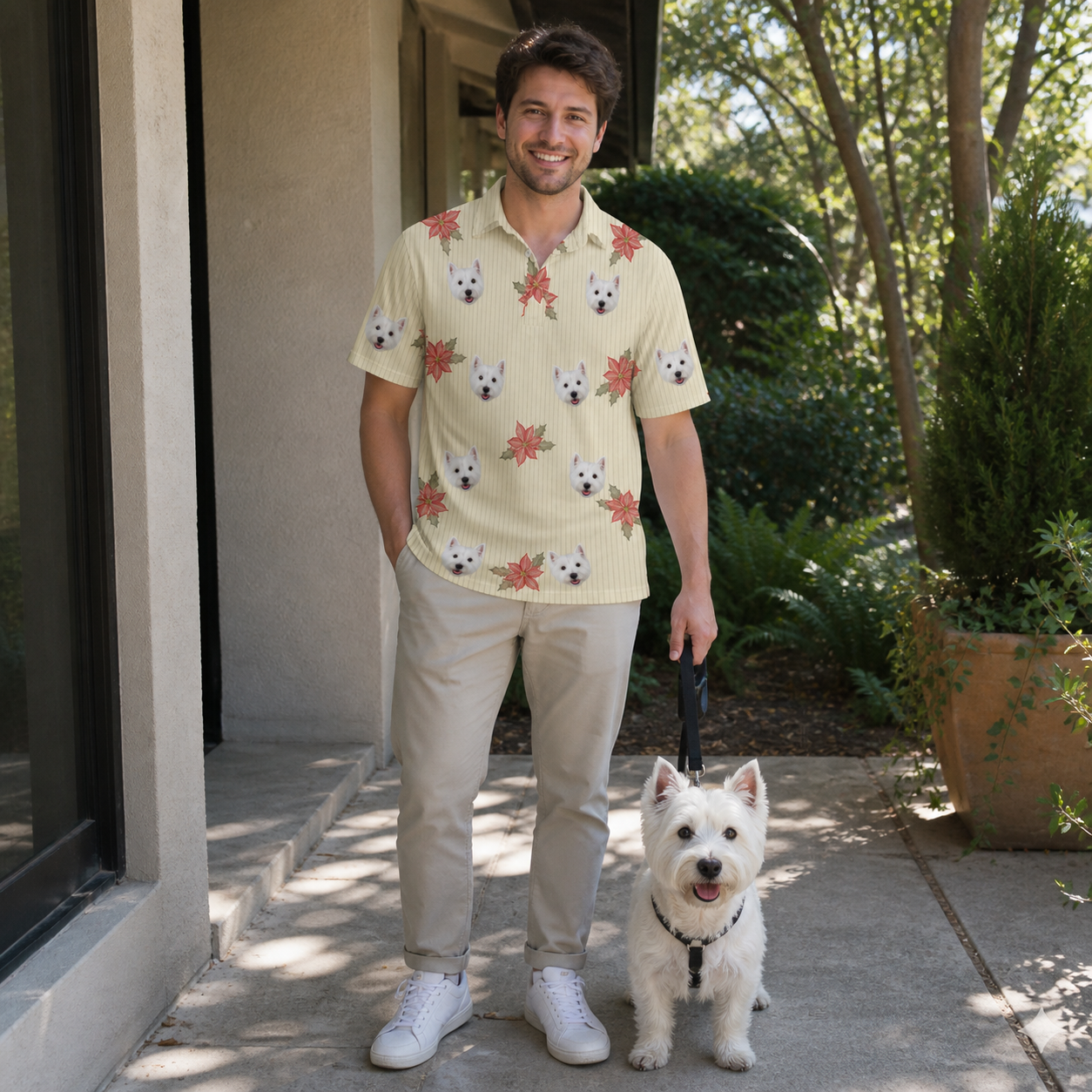 Full-length photo with the pet printed all over this Men's Poinsettia Pop Custom Dog Face Polo Shirt