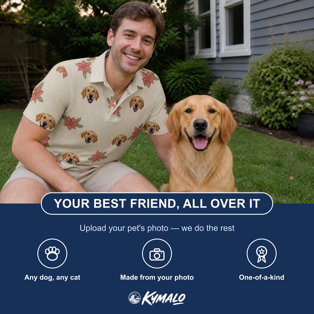Friends in matching Men's Poinsettia Pop Custom Dog Face Polo Shirt — a group gift photo