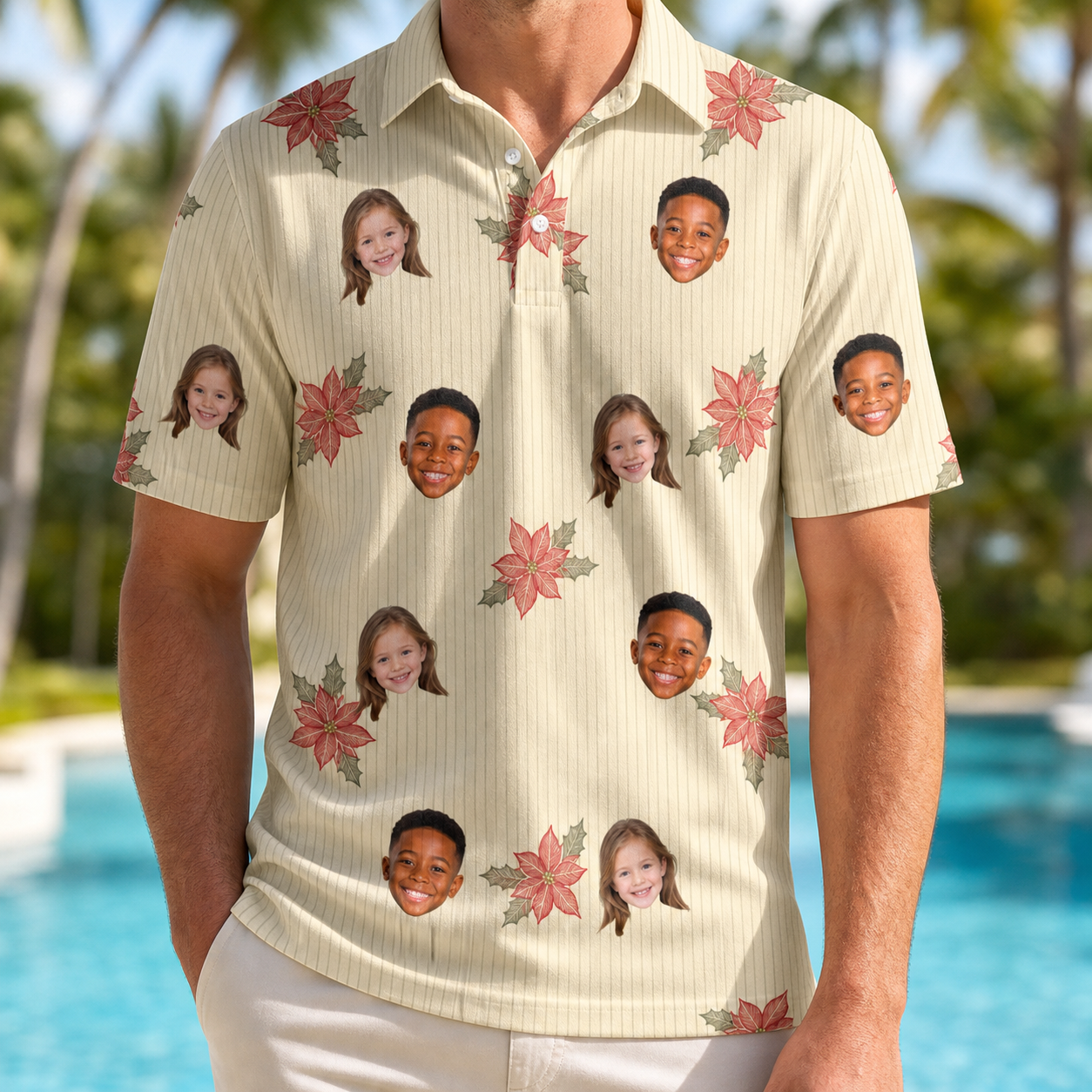 Model wearing Men's Poinsettia Pop Custom Face Polo Shirt printed with kids' faces