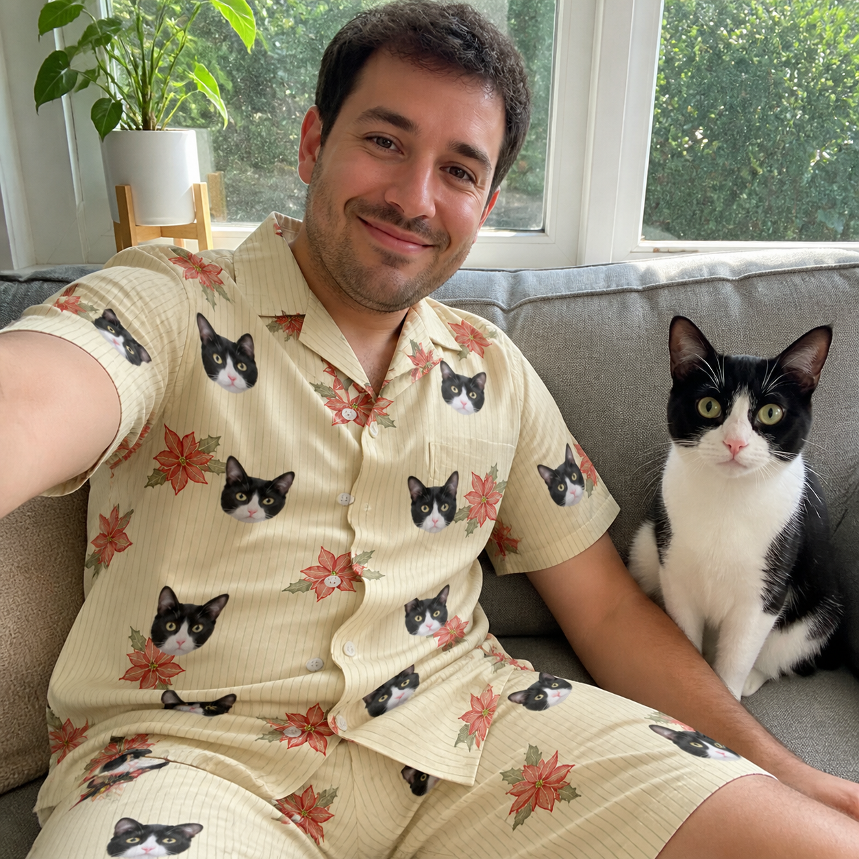 Selfie with the pet whose face is printed all over this Men's Poinsettia Pop Custom Cat Face Shirt & Shorts Set