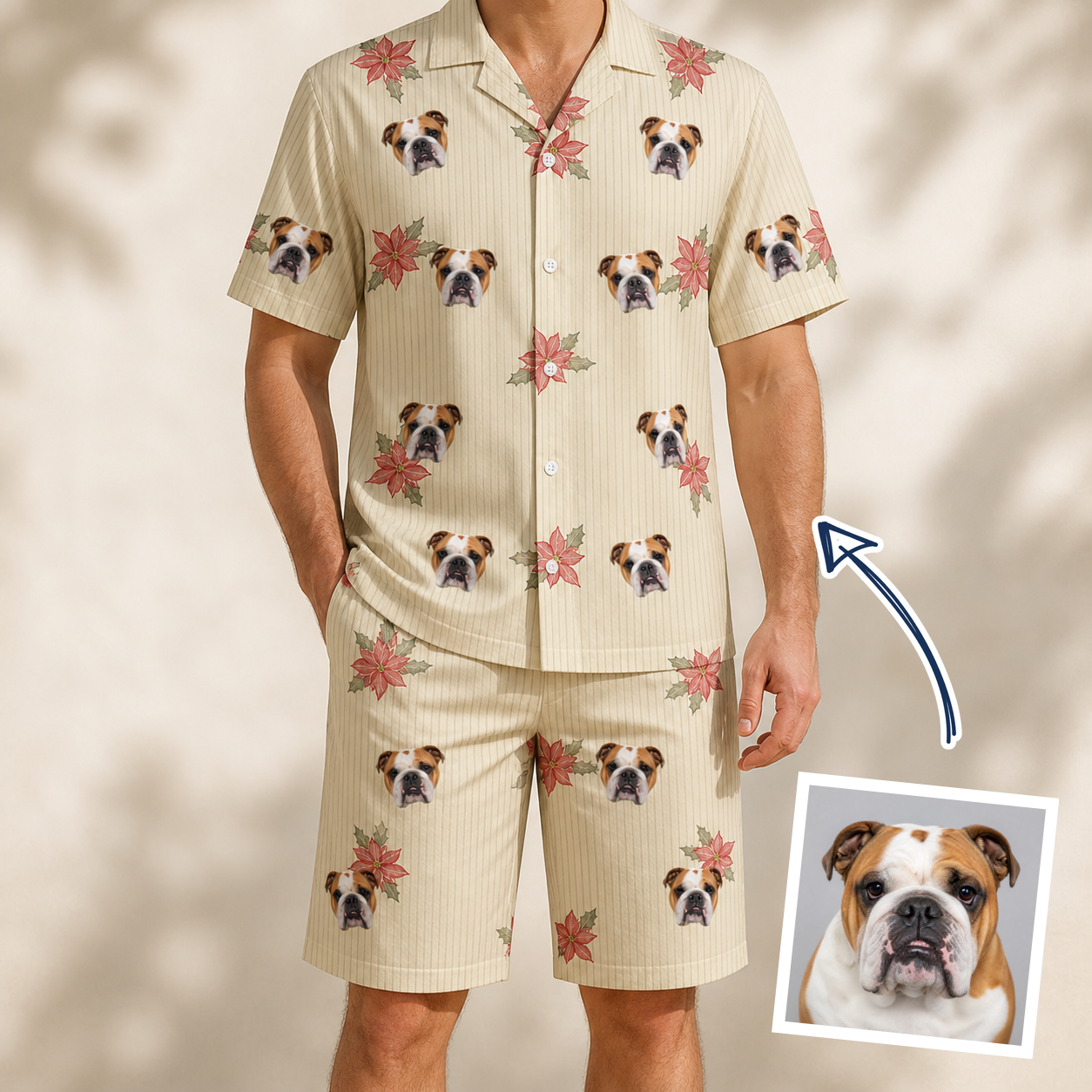 Man wearing Men's Poinsettia Pop Custom Dog Face Shirt & Shorts Set — custom faces printed all-over