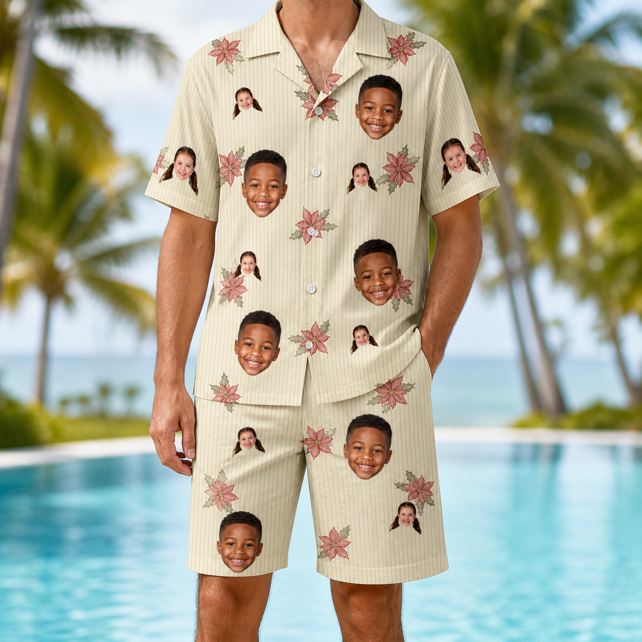 Model wearing Men's Poinsettia Pop Custom Face Shirt & Shorts Set printed with kids' faces
