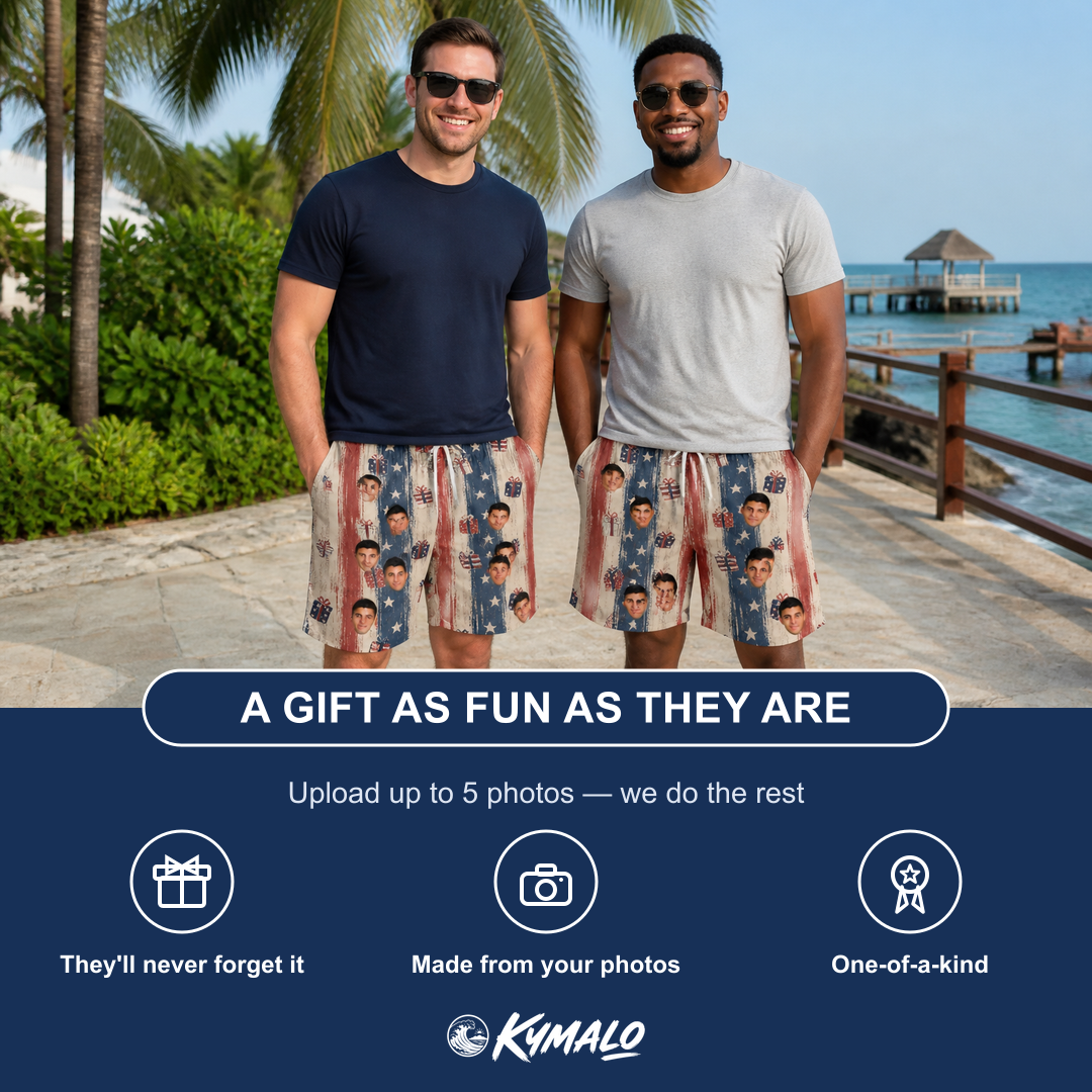 Friends in matching Men's Wrapped Wonders Custom Face Beach Shorts — a group gift photo