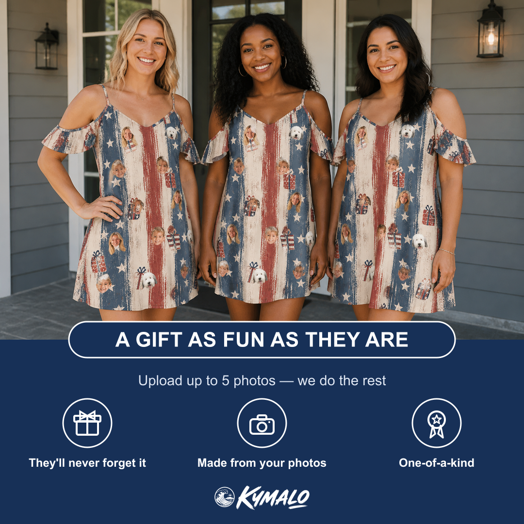 Friends in matching Women's Wrapped Wonders Custom Face Off-Shoulder Dress — a group gift photo