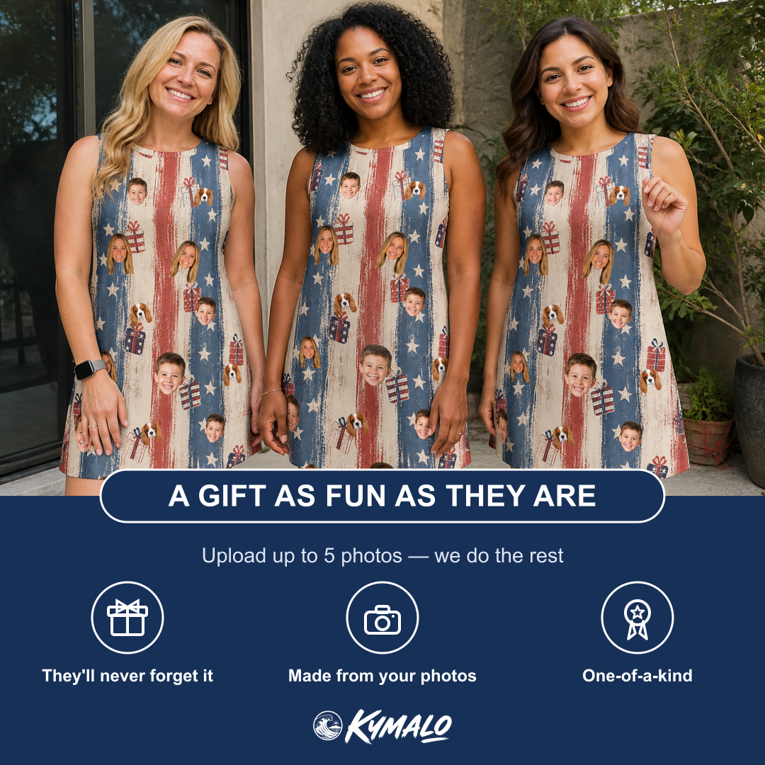 Friends in matching Women's Wrapped Wonders Custom Face Tank Dress — a group gift photo