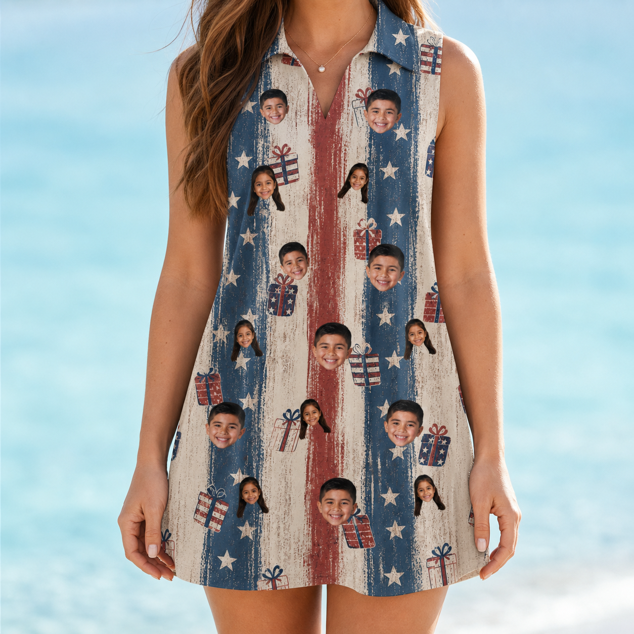 Model wearing Women's Wrapped Wonders Custom Face V-Neck Dress printed with kids' faces