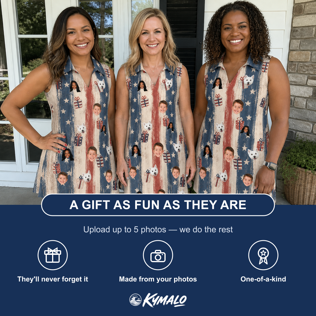 Friends in matching Women's Wrapped Wonders Custom Face V-Neck Dress — a group gift photo