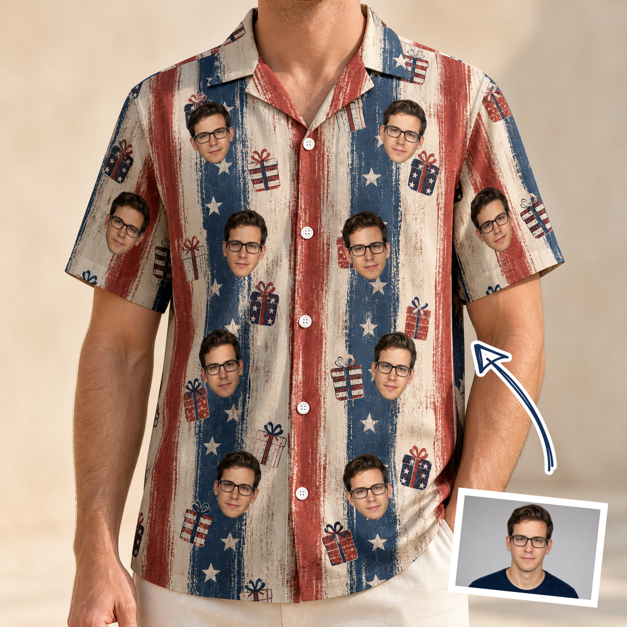 Man wearing Men's Wrapped Wonders Custom Face Hawaiian Shirt — custom faces printed all-over