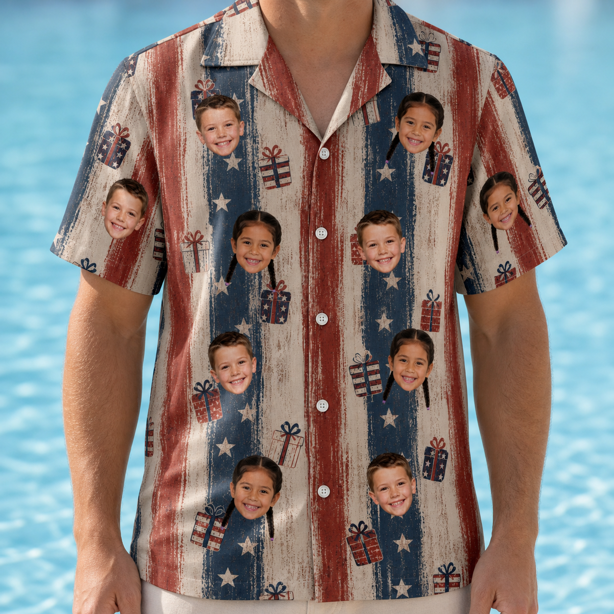 Model wearing Men's Wrapped Wonders Custom Face Hawaiian Shirt printed with kids' faces
