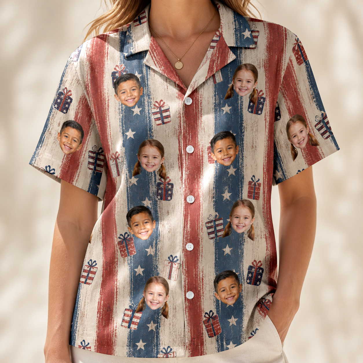 Model wearing Women's Wrapped Wonders Custom Face Hawaiian Shirt printed with kids' faces