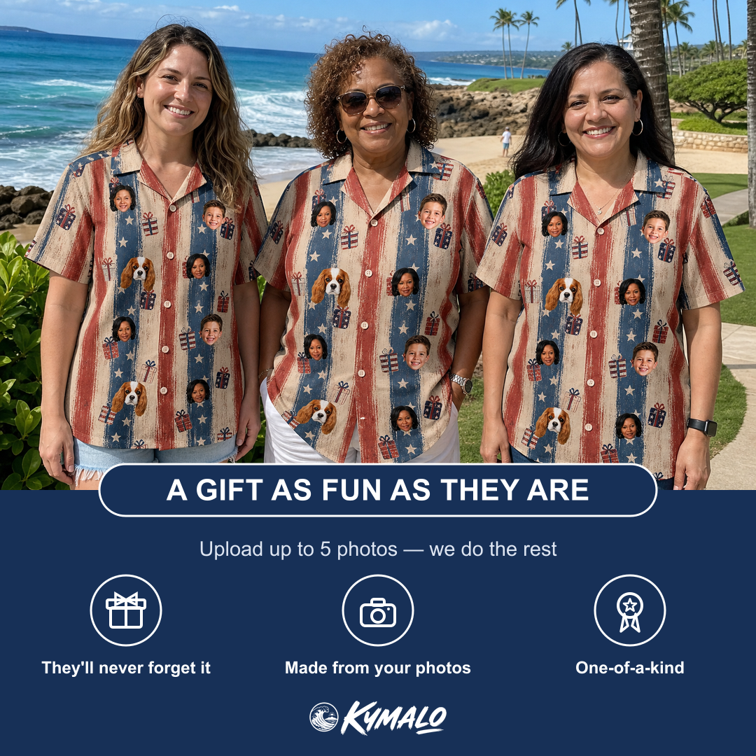 Friends in matching Women's Wrapped Wonders Custom Face Hawaiian Shirt — a group gift photo
