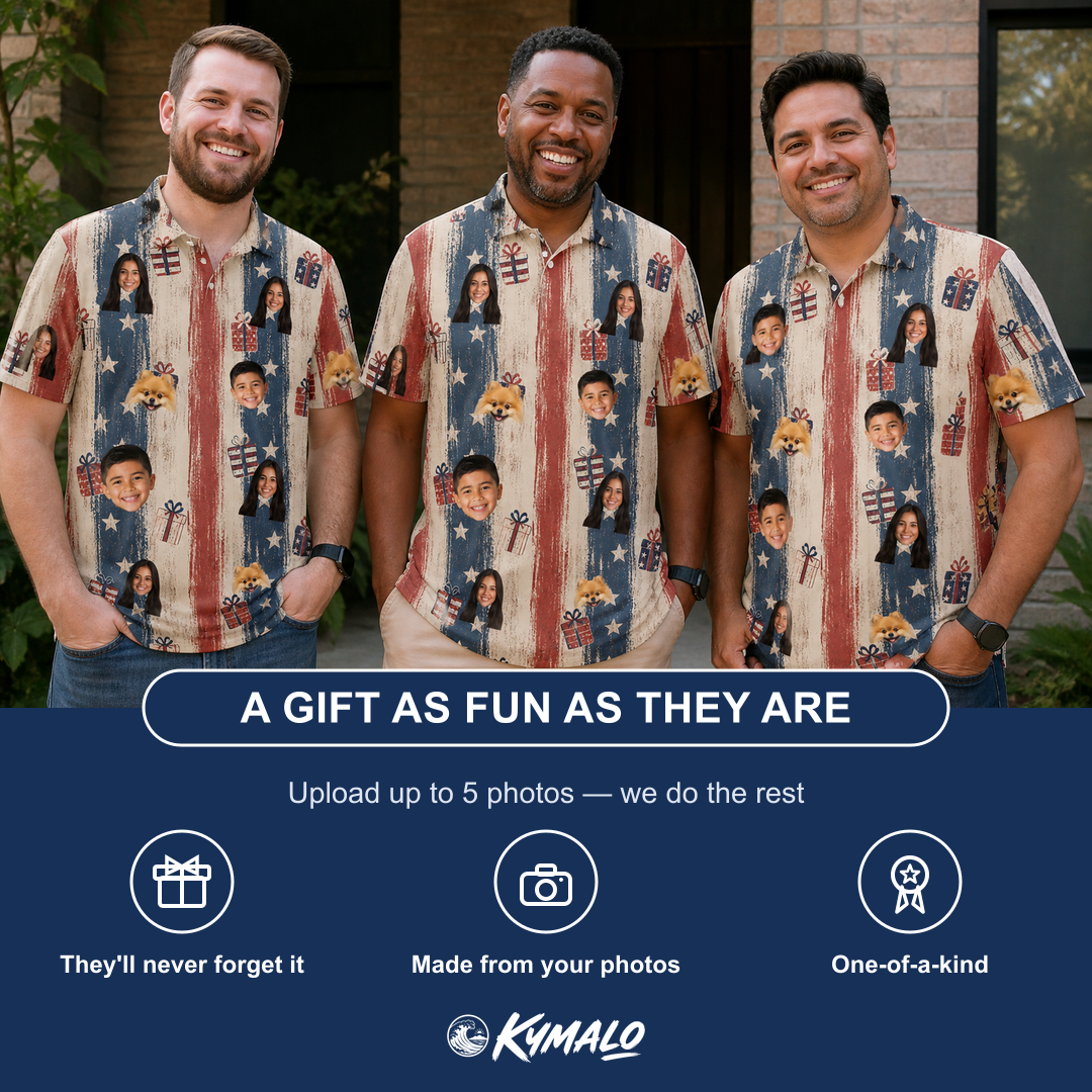 Friends in matching Men's Wrapped Wonders Custom Face Polo Shirt — a group gift photo