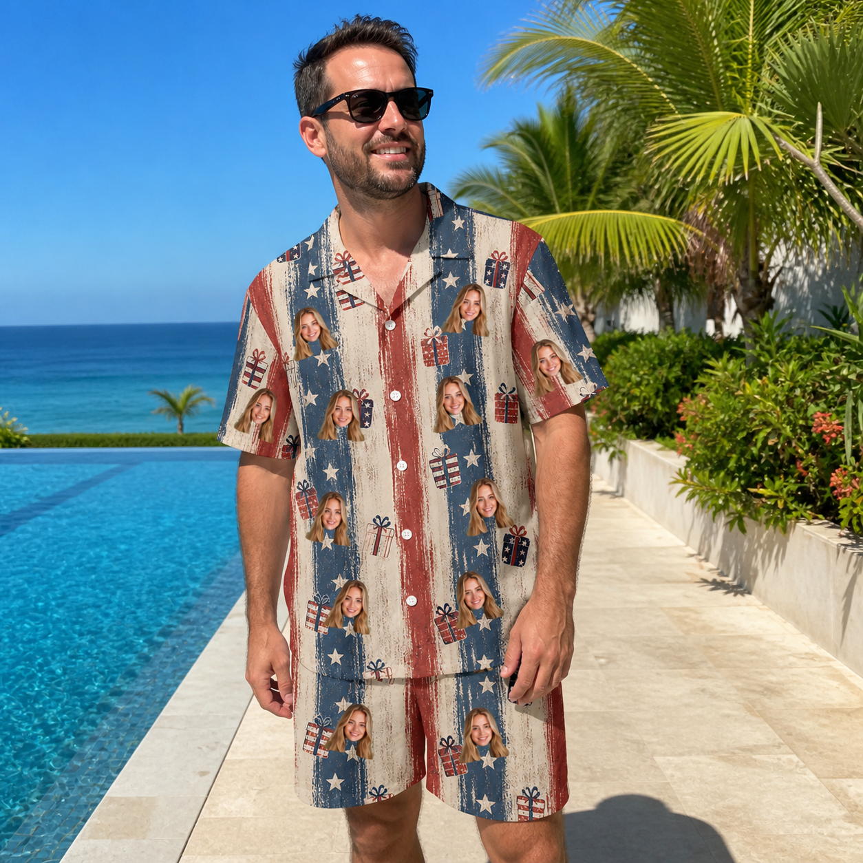 Real-life photo of someone wearing Men's Wrapped Wonders Custom Face Shirt & Shorts Set — custom faces printed all-over