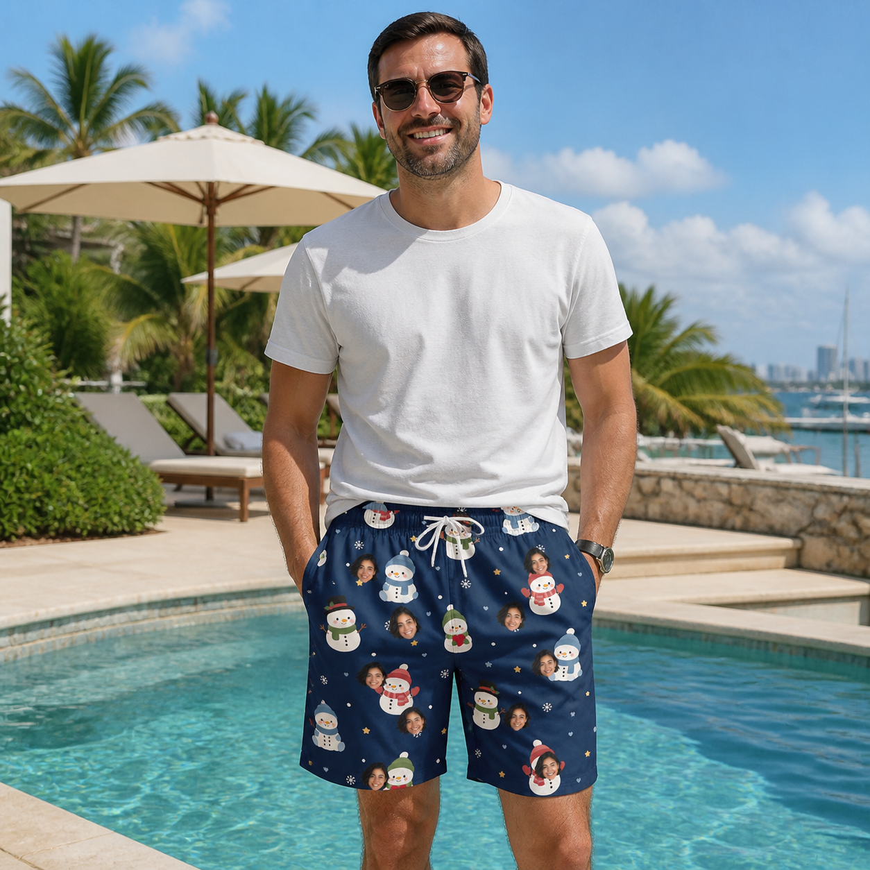 Real-life photo of someone wearing Men's Snowman Shenanigans Custom Face Beach Shorts — custom faces printed all-over
