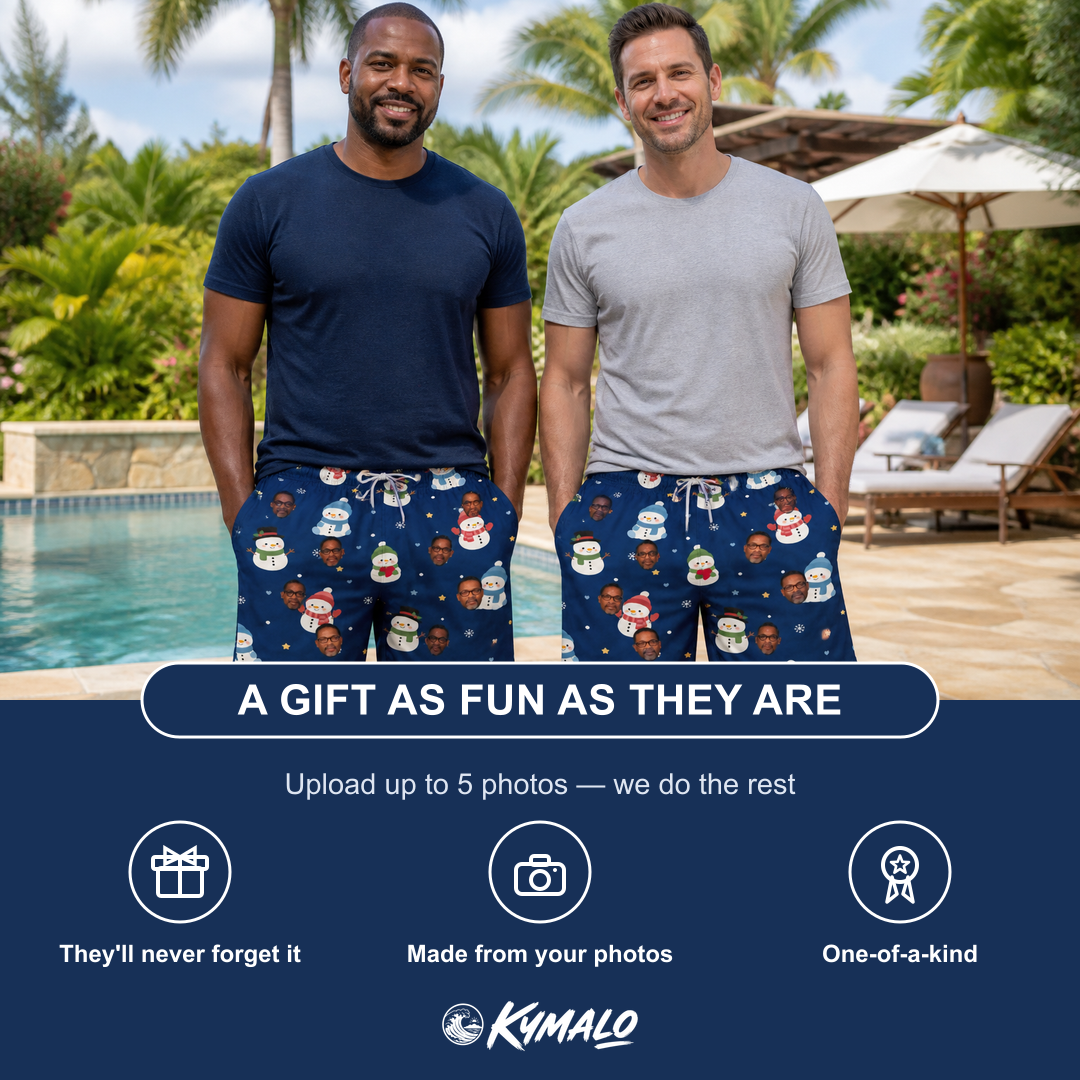 Friends in matching Men's Snowman Shenanigans Custom Face Beach Shorts — a group gift photo