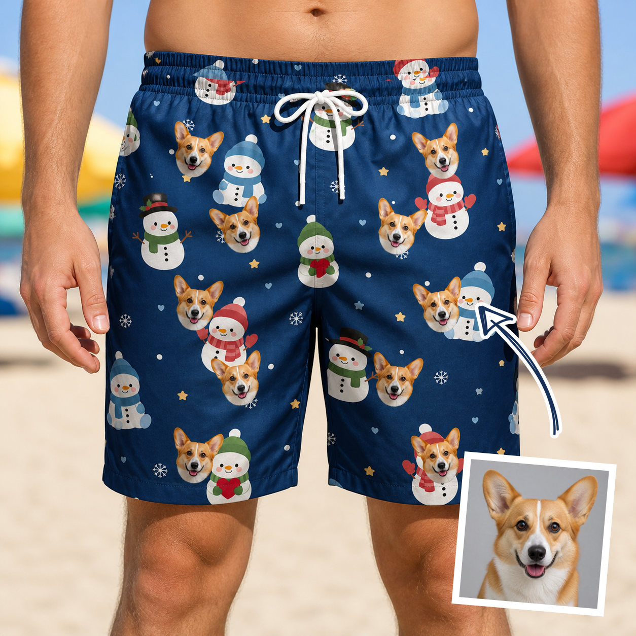 Man wearing Men's Snowman Shenanigans Custom Dog Face Beach Shorts — custom faces printed all-over