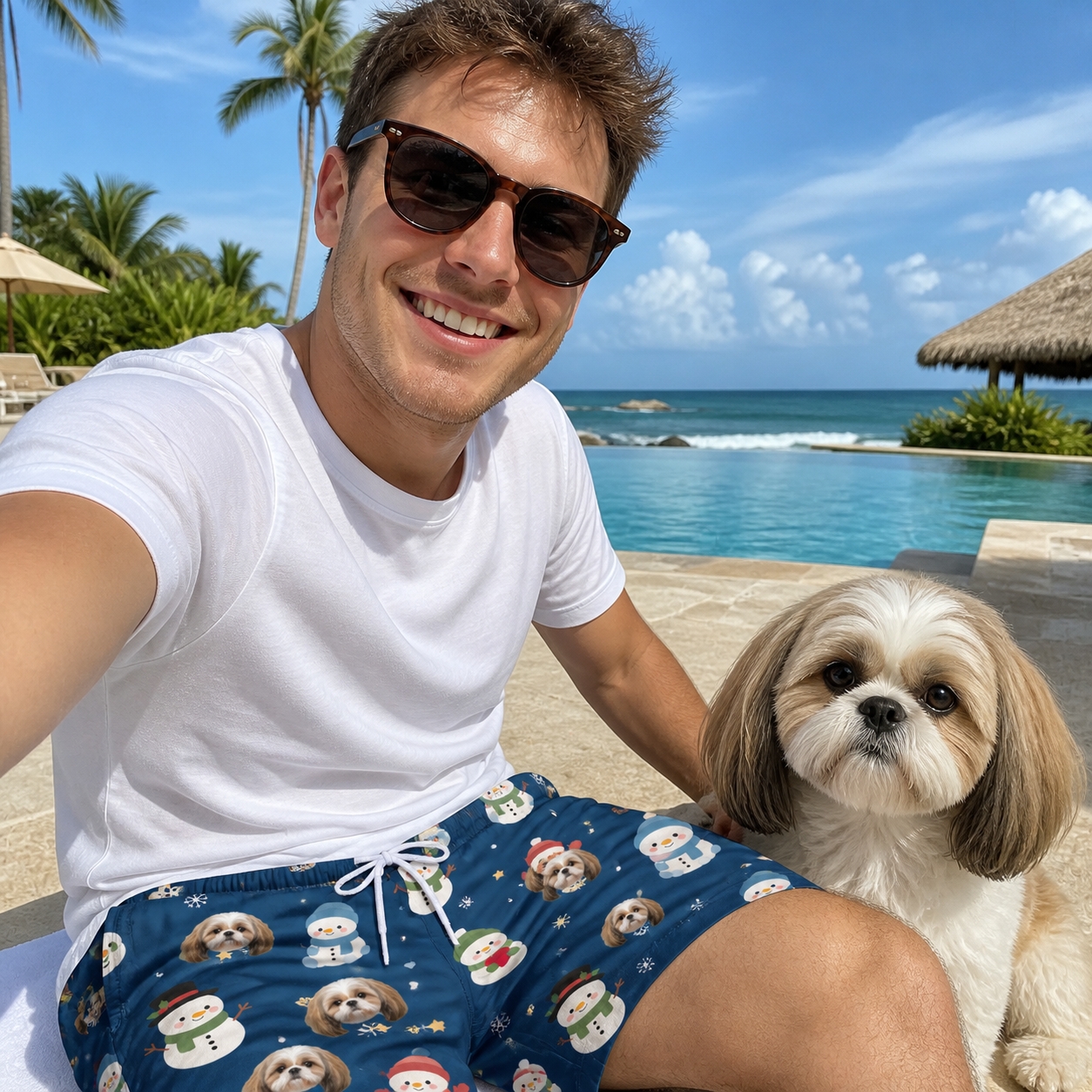 Selfie with the pet whose face is printed all over this Men's Snowman Shenanigans Custom Dog Face Beach Shorts