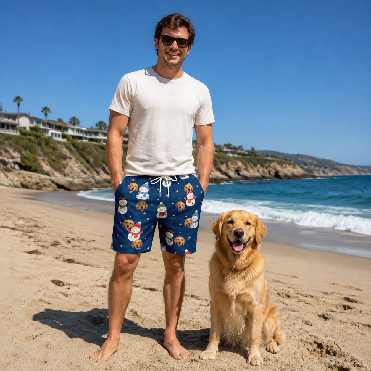 Full-length photo with the pet printed all over this Men's Snowman Shenanigans Custom Dog Face Beach Shorts