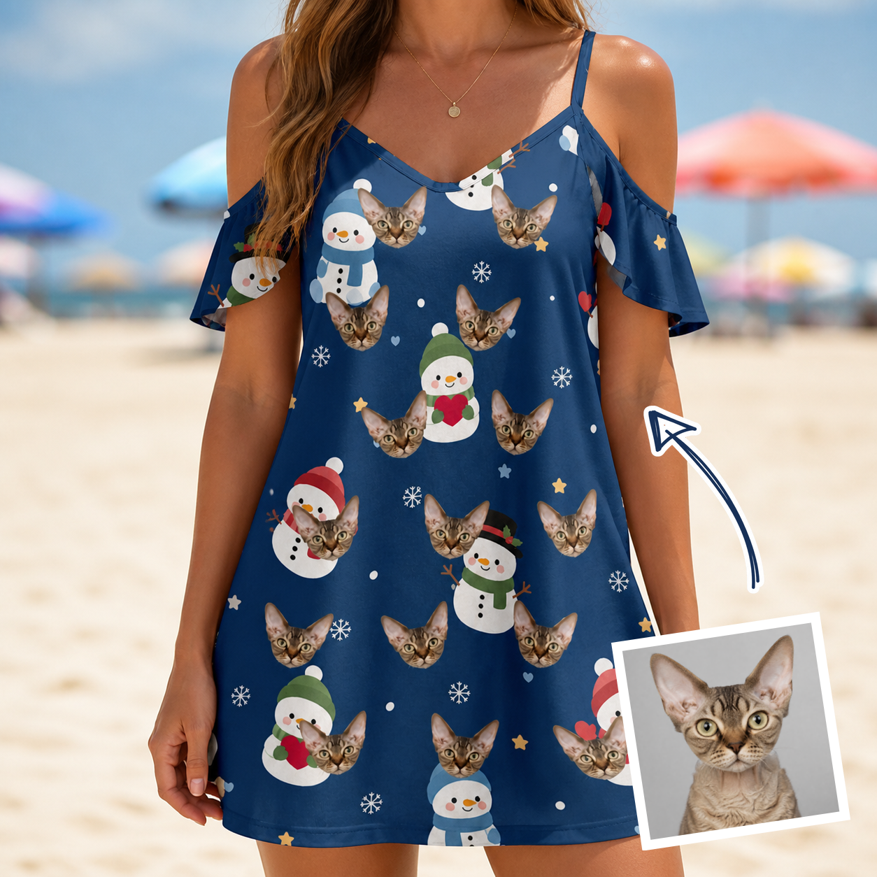 Woman wearing Women's Snowman Shenanigans Custom Cat Face Off-Shoulder Dress — custom faces printed all-over