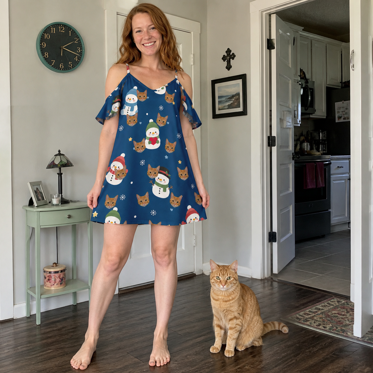Full-length photo with the pet printed all over this Women's Snowman Shenanigans Custom Cat Face Off-Shoulder Dress