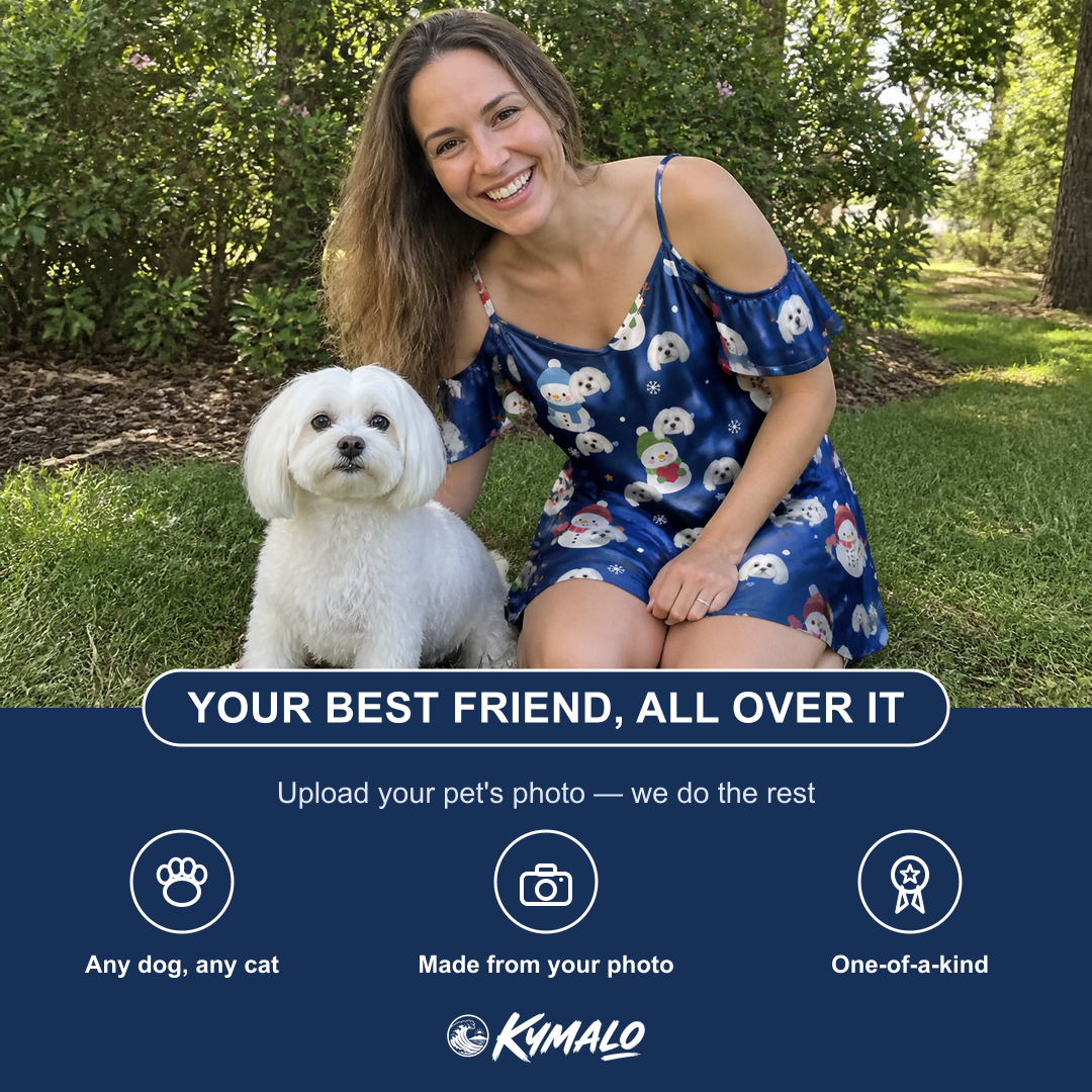 Friends in matching Women's Snowman Shenanigans Custom Dog Face Off-Shoulder Dress — a group gift photo
