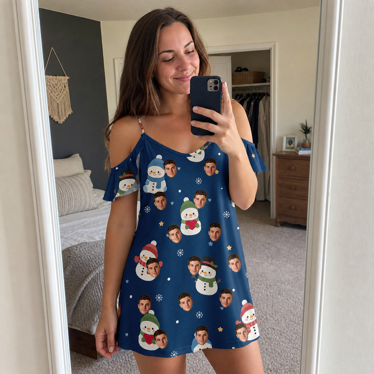 Real-life photo of someone wearing Women's Snowman Shenanigans Custom Face Off-Shoulder Dress — custom faces printed all-over