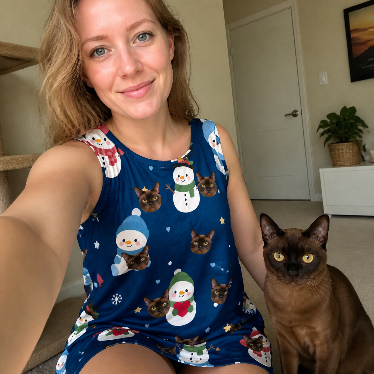 Selfie with the pet whose face is printed all over this Women's Snowman Shenanigans Custom Cat Face Tank Dress