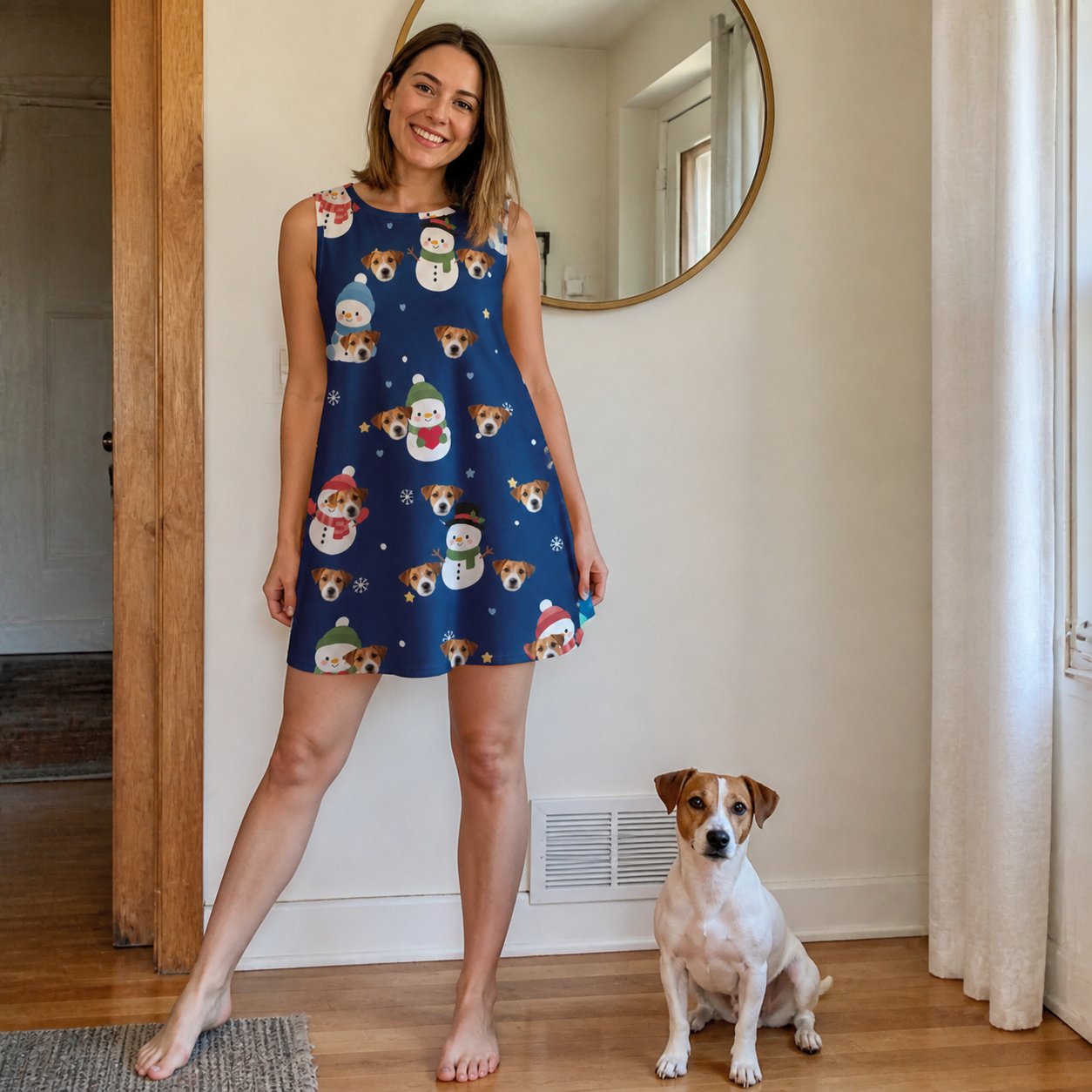Full-length photo with the pet printed all over this Women's Snowman Shenanigans Custom Dog Face Tank Dress