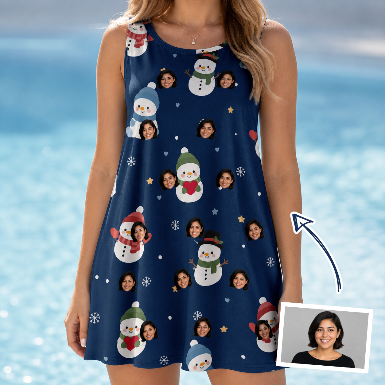 Woman wearing Women's Snowman Shenanigans Custom Face Tank Dress — custom faces printed all-over