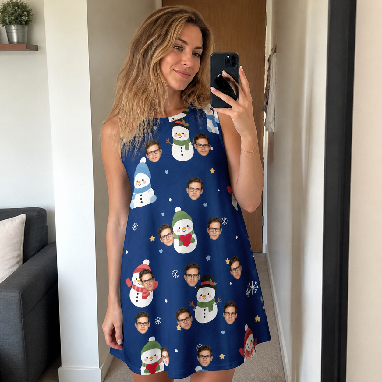 Real-life photo of someone wearing Women's Snowman Shenanigans Custom Face Tank Dress — custom faces printed all-over