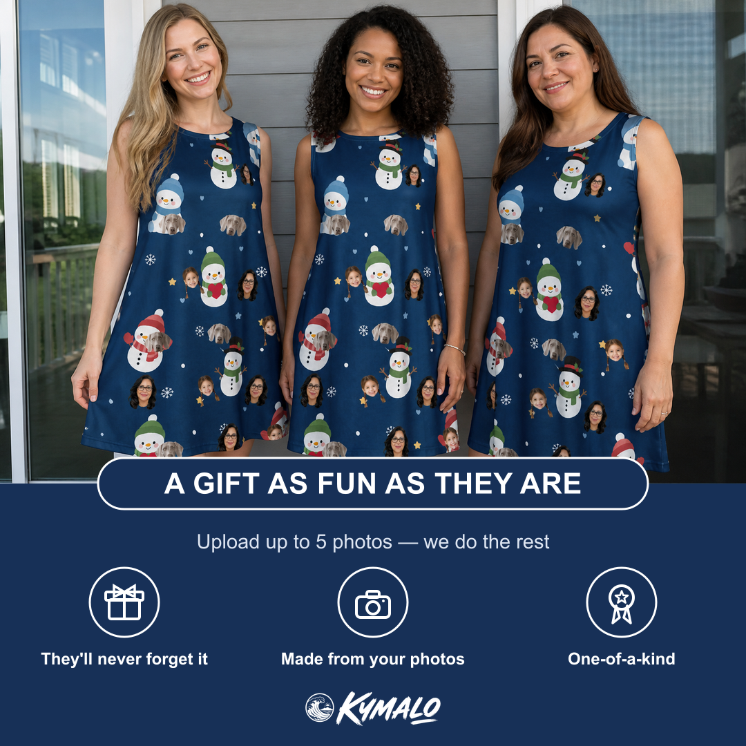 Friends in matching Women's Snowman Shenanigans Custom Face Tank Dress — a group gift photo