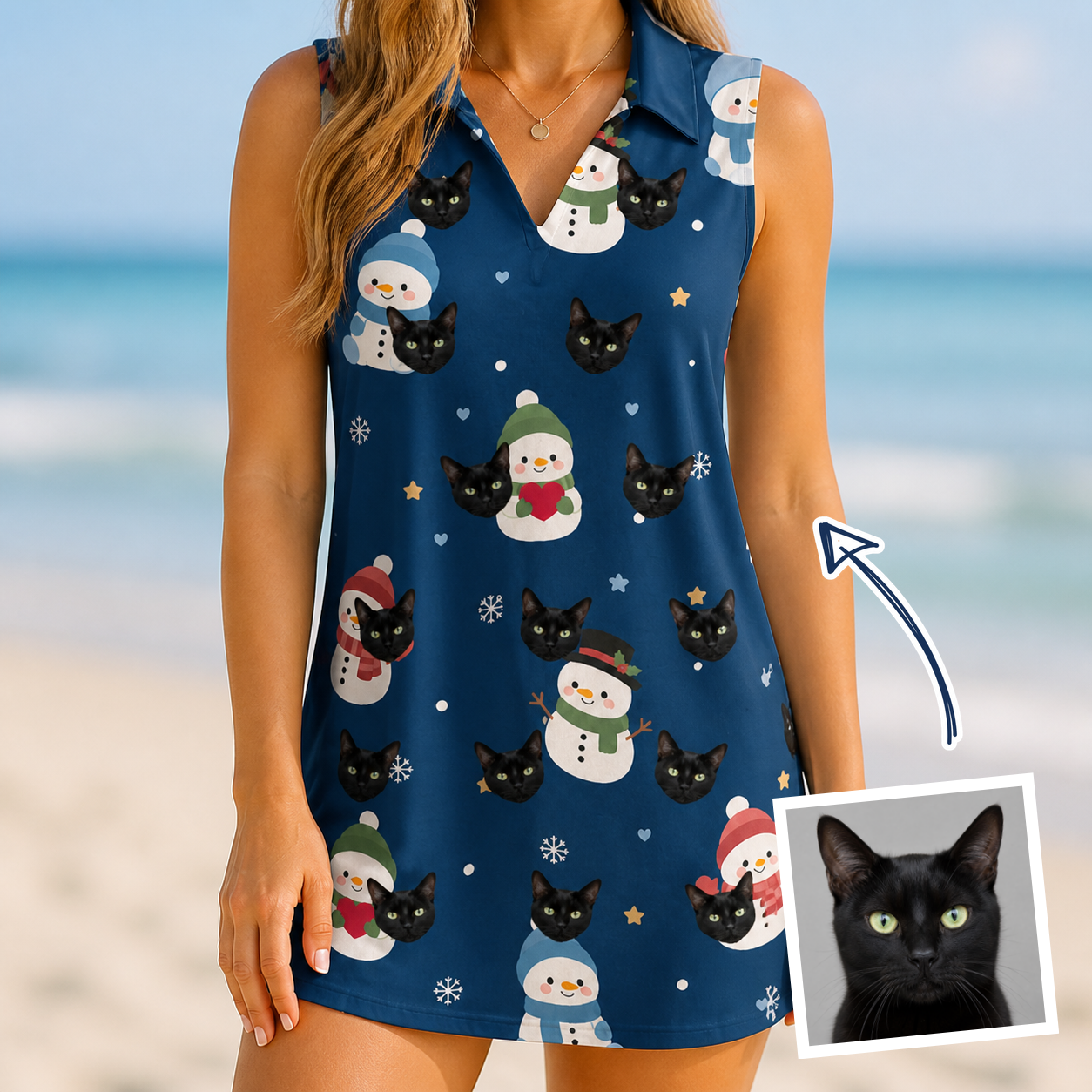 Woman wearing Women's Snowman Shenanigans Custom Cat Face V-Neck Dress — custom faces printed all-over