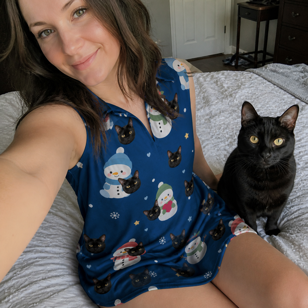 Selfie with the pet whose face is printed all over this Women's Snowman Shenanigans Custom Cat Face V-Neck Dress