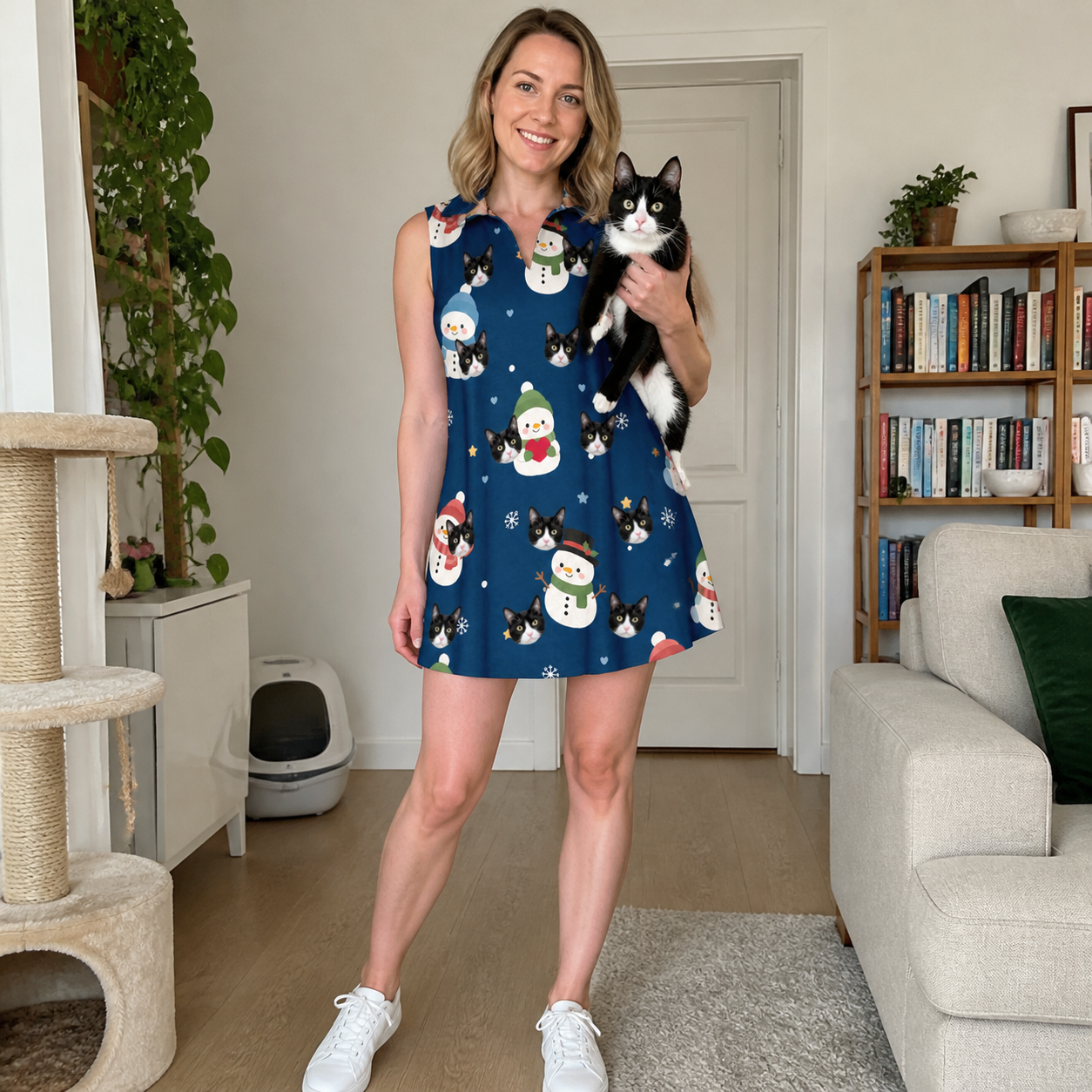 Full-length photo with the pet printed all over this Women's Snowman Shenanigans Custom Cat Face V-Neck Dress